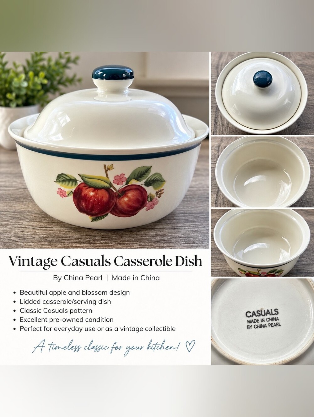 Casuals by Cream Apple Casserole Dish with Blue Trim